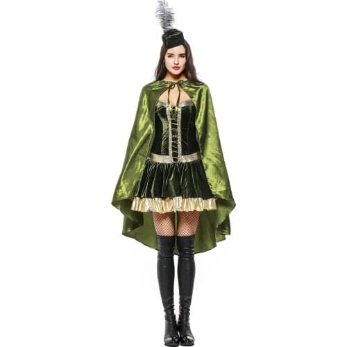 Adult Sexy Robin Hood Costume Ladies Halloween Cosplay Forest Hunter Pirate Fancy Dress+Hat