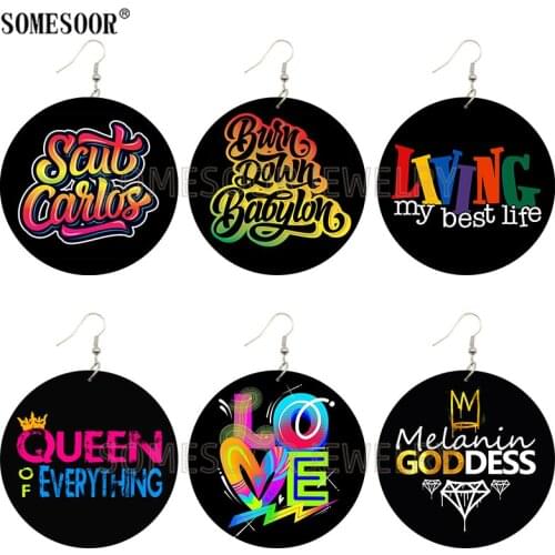 SOMESOOR Jewelry Queen Melanin Goddess Color Printing Wooden both Sides Print Drop Round African Earrings For Women Gifts
