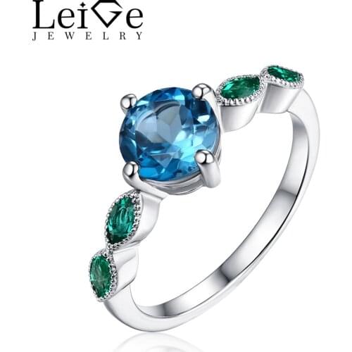 Leige Jewelry Swiss Blue Topaz Ring Round Cut with Emerald Side Stones Silver 925 Engagement Anniversary Rings for Women