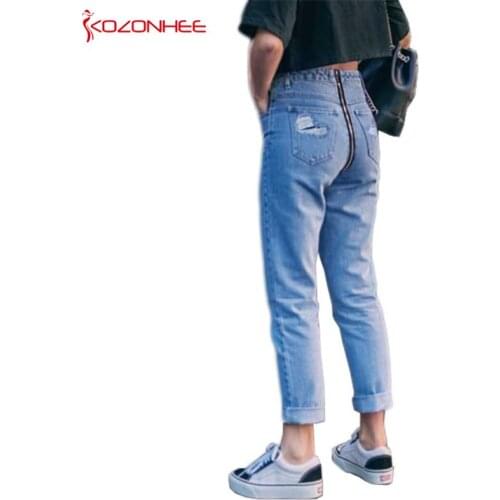 Spring Back zipper Jeans Women With Low waist Torn Holes Torn Jeans Ripped Straight Jeans For Girls #677