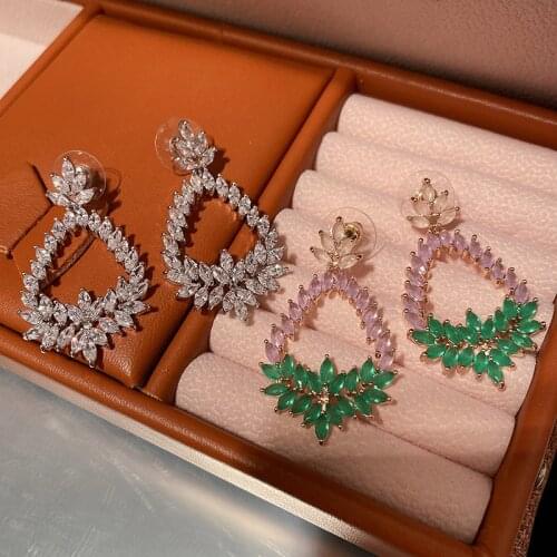 Green Silvery Cubic Zircon Tassel Earring Flowers Leaf Clear Crystal Trendy Fashion High Quality For Women Jewelry Party Gift