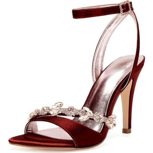 Sexy strappy sandals high heel lady party show cocktail satin dress shoes bridal wedding pumps with rhinestone crystal chain toe