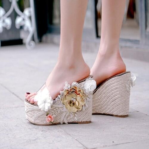 12cm Super High Heel Wedge Heel Elegant Flower Transparent Sexy Lady Slippers European And American Style Summer Hot Sale