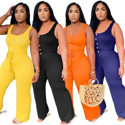 Plus Size Womens Clothing Fashion Square Collar Pure Color Stitching Casual Sleeveless Wide Leg Jumpsuit Wholesale Dropshipping