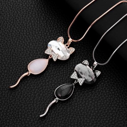 Womens Sweater Chain Gold Black Cat Pendant Necklace Accessory Glass Crystal Long Necklaces Female Elegant Fashion Jewelry Gift