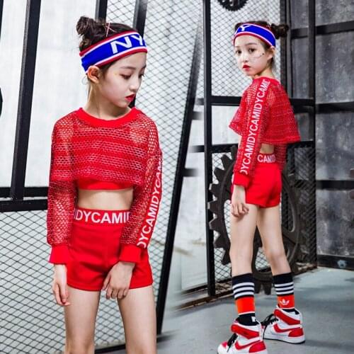 3PCS Sets Red Girls Ballroom Jazz Hip Hop Dance Competition Costume Tank Tops Shorts Net Blouse for Kid Dancing Clothing Outfits