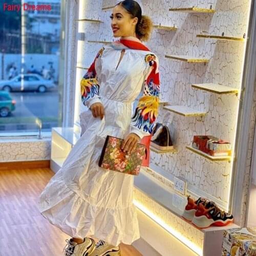 White Maxi Dress African Womens Ethnic Clothing Fashion V-Neck Elegant Embroidered Dresses with Belt Ladies Clothes Vestir Robe