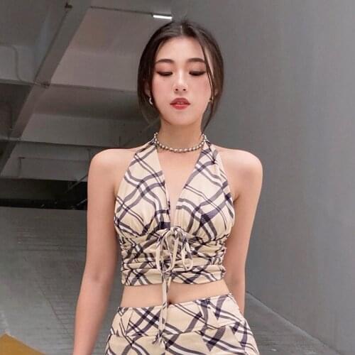 Punk Goth Halter Tops Women Striped Plaid Y2K Vintage 90s Aesthetic Crop Top V Neck Ruched Lace Up Rave E Girl Clothes