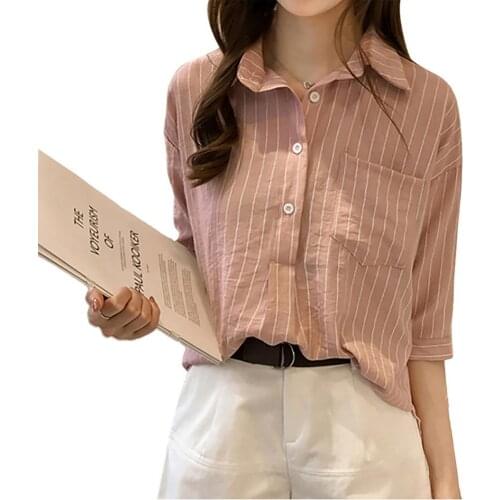 Women Blouse Shirts Turn-Down Neck 3/4 Sleeve Striped Feminina Loose Tops Blusas Plus Size vetement femme рубашка женская 2021