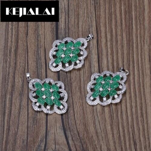 KEIJIALAI Elengant Women Green Stone Pendants for Necklace Earrings Making Micro Paving White Zirconia Egg Shape Flower Pattern