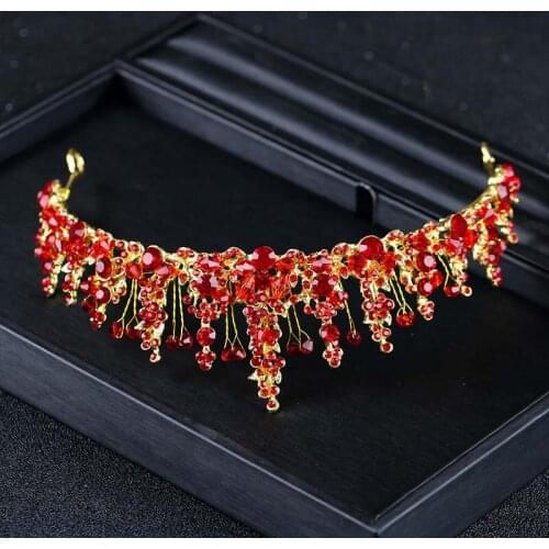 Red Rhinestone Tiara Headband Crown Hair Accessories Bridal Wedding Wear for Women BN