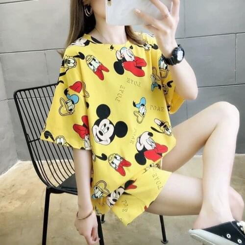 Summer Cotton Pajamas Womens Short Sleeve Tshirts Shorts Sports Women Casual Mickey Print Cute Home Suit Pajama Sets Women
