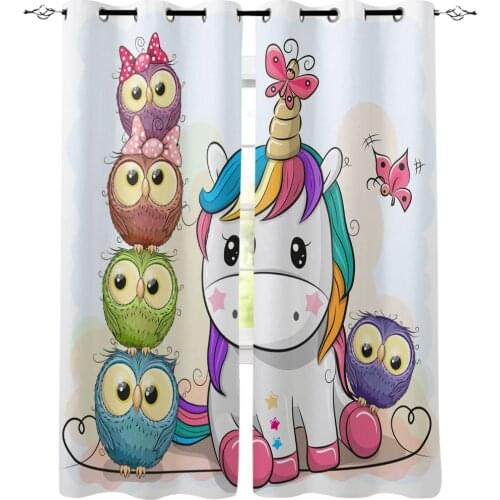 Animal Unicorn Owl Cartoon Cute Window Curtains Kitchen Decor Kids Room Curtain Panels With Grommets Window Treatment Curtains