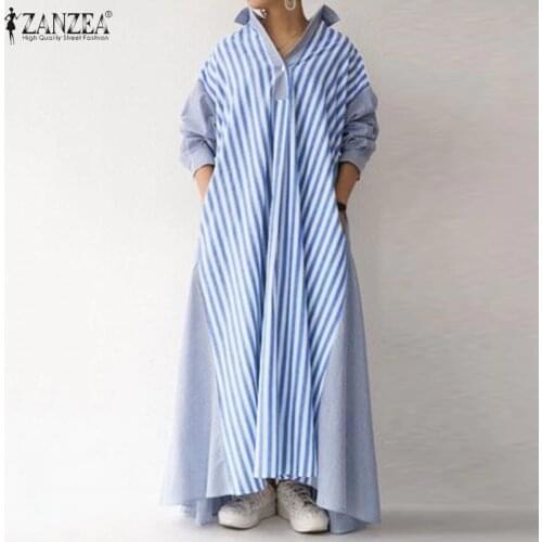 Fashion Striped Shirt Dress Womens Autumn Sundress ZANZEA 2021 Casual Long Sleeve Maxi Vestidos Female Lapel Robe Plus Size 5XL