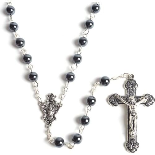 Fashion Religious Small Sized Round Hematite Beads Special Fatima Rosary Necklace