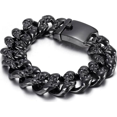 Granny Chic Punk Boys Black 316L Stainless Steel Skull Skeleton Link Wrist Bracelet for Men Bangle Jewelry Gift 20mm 21.5cm