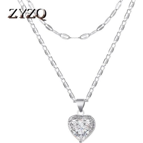 ZYZQ 2020 New Female Fashion Crystal Heart Necklace Pendant Short Gold Color Double Necklace Charm Gifts girlfriends