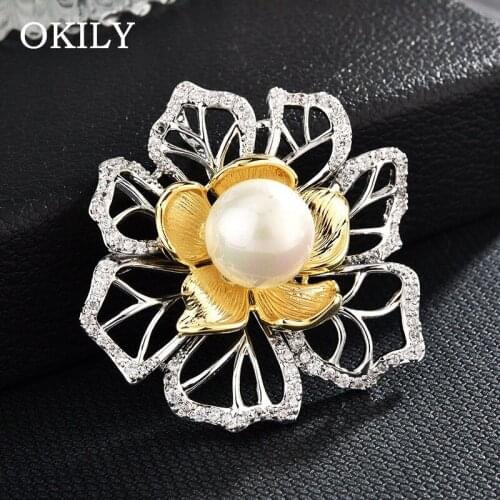 New AAA Zirconia Flower Collar Pin and Brooches for Women Gold Color Floral with Pearl Brooch Clothing Party Jewelry Accesorios