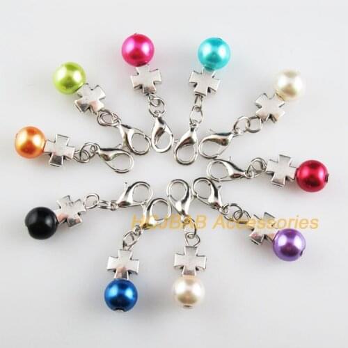 10 New Cross 8.5x20mm Charms Mixed Ball Glass Tibetan Silver Plated Retro With Lobster Claw Clasps