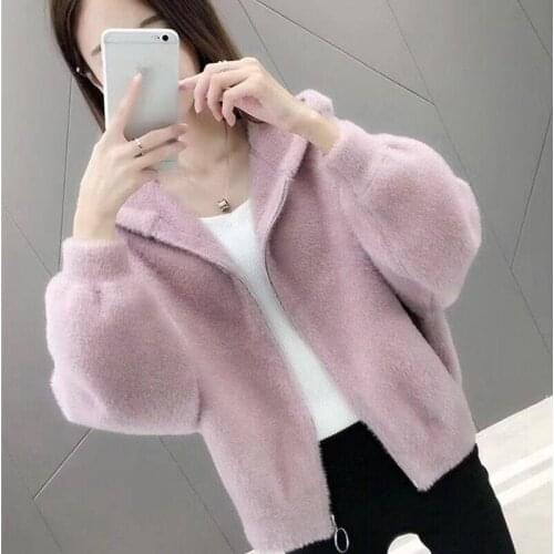 Women Short Solid Faux Mink Fur Coat Hooded Fluffy Jacket