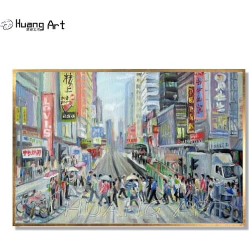 100% Hand-painted HongKong Street Landscape Painting for Wall Decor A Crowd Crossing the Road HongKong Landscape Hang Painting