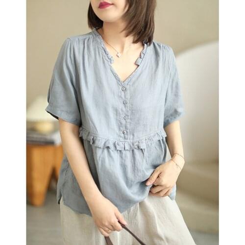 21New Women Shirts Summer Sweet Style Solid Color Loose V-Neck Collar Asymmetric Spliced Female Linen Black Fungus Edge Tops