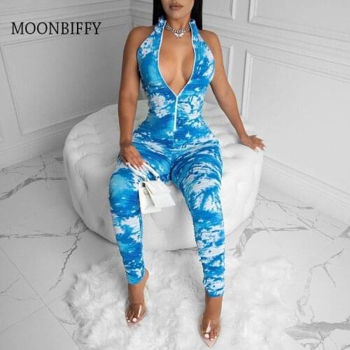Printed Sexy Skinny Overall for Women Stand Collar Zipper Front Bodycon Rompers Party Club Sleeveless One Piece Jumpsuit
