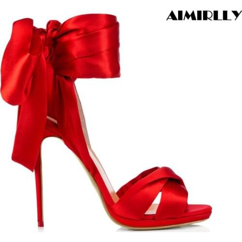 Summer Women Shoes Peep Toe High Heel Sandals Elegant Stilettos Lace Up Wedding Ceremony Evening Party Heels Black Red Satin