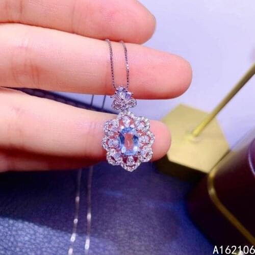 Fine Jewelry 925 Pure Silver Inlaid Natural Aquamarine Girl Luxury Popular Flower Chinese Style Gem Pendant Necklace Support Det