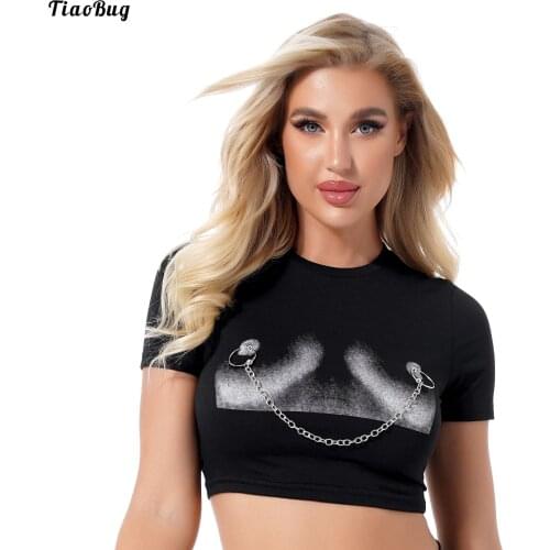 TiaoBug Gothic Women Stylish Printing Short Sleeve Cropped T-Shirt Round Neck Metal Chain O Ring Decor Crop Top Streetwear