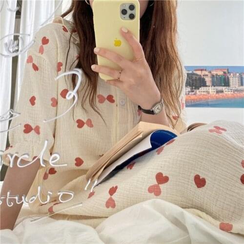 Heart Lovely Print Summer Nightgown Women O-Neck Short Sleeve Sweet Pink Sleepwear Home Clothes Cotton Homewear Korean