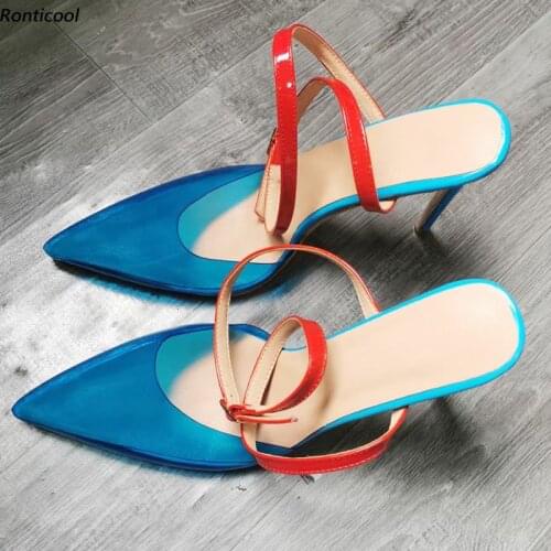 Ronticool New Handmade Women Summer Sandals Strappy Stiletto Heels Pointed Toe Gorgeous Blue Purple Dress Shoes US Size 5-15