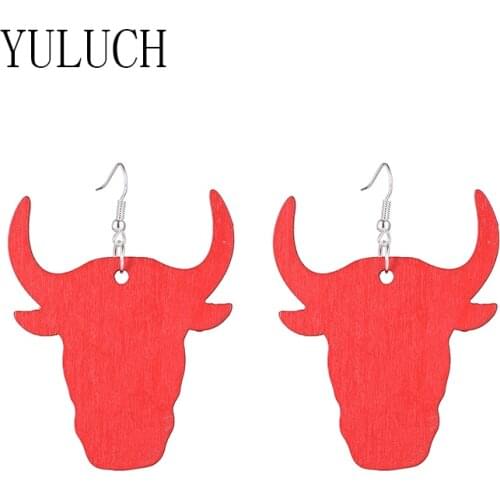 YULUCH women wood bull head exaggerated pendant earrings girls simple casual party accessories ladies art jewelry wooden