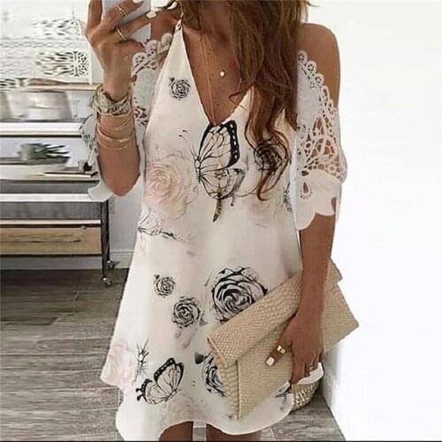 Women Floral Printed Lace Dress Summer Vintage V-Neck Sling Off Shoulder Hollow Out Party Dresses Ladies Beach Mini Dress 2021