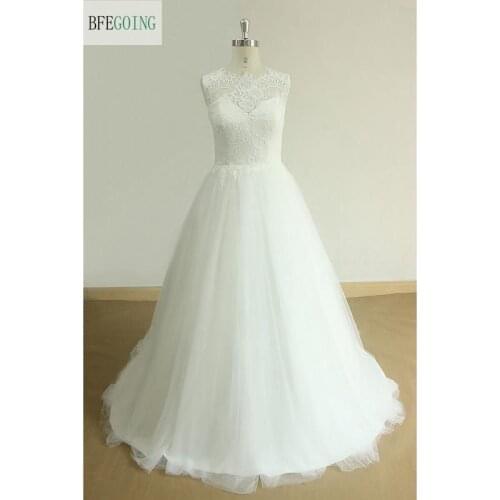 White Tulle Lace A-line Wedding Dress Chapel Train Floor-Length Sleeveless Real/ Original Photos Custom made