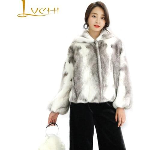 LVCHI Natural Fur With Fur Hood Womens Import Swan Velvet Cross Mink Coat 2019 Winter Real Mink Fur Coats Long Sleeve Mink Coat