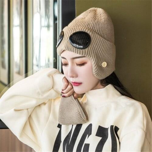 Winter Aviator Goggles Face Shield Mask Glasses Ear Protection Cap Windproof Anti Dust Plus Velvet Warm Knitted Hat Cycling Mask