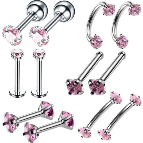 12pcs Stainless Steel Nose Stud Pack Crystal Labret Lip Ring Set Women Girl Stud Ear Rings Piercing Lot Nariz Pin