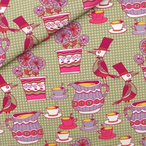 140cmx50cm Cotton polyester blend Woven Fabric for patchwork, handmad, textile, cloth - cup bird flowerpot and dot