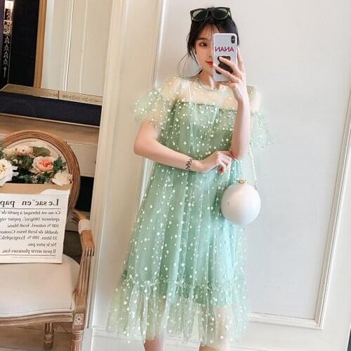 2207# Maternity Clothes Summer Chiffon Patchwork O Neck Short Sleeves Loose Stylish Dress Pregnant Women Mom Dress