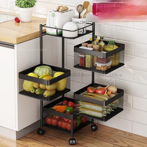360 Degree Rotation Home Metal Floor-to-ceiling Shelf Kitchen Can Move Two Layers Square Fruit Vegetable Basket Bathroom Shelf