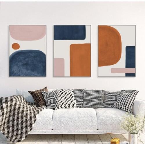 Abstract Shapes Posters and Prints Burnt Orange Blue Blush Pink Wall Art Mid Century Modern Canvas Painting Home Wall Decor