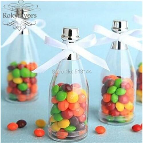 FREE SHIPPING 24PCS Plastic Champagne Bottle Favors Boxes with Ribbon Wedding Favors Bridal Shower Party Reception Ideas