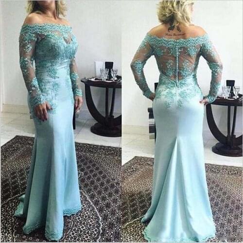 Turquoise Mother Of The Bride Dresses Mermaid Long Sleeves Appliques Beaded Long Groom Mother Dresses For Weddings