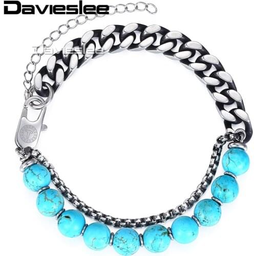 Davieslee Boho Glass Bead Bracelet for Men Women Stainless Steel Curb Cable Link Chain Gunmetal Silver Color LDLBM04