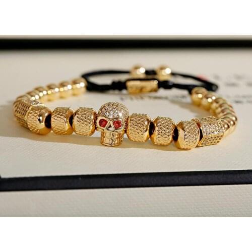 Mens Luxury Adjustable Bracelet Gold Color Skull Shape Copper Inlaid Zircon Beaded Copper Bead Bracelet 2020 Jewelry Gift
