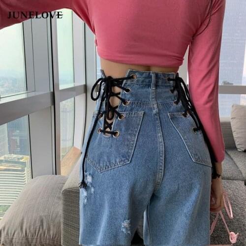 High Waist Hollow Out Bandage Denim Trousers Street Shot Sexy Straight Pants Women Style Female Trousers Super Spicy Loose Jeans