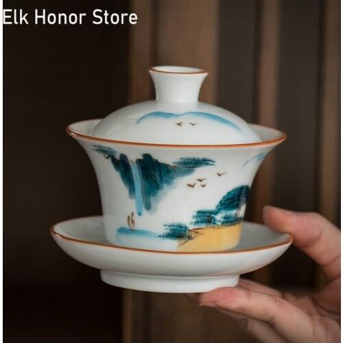 150ml White Porcelain Sancai Gaiwan Master Cup HandPainted Landscape Pottery Covered Bowl Household KungFu Tea Set Accessories