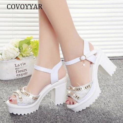 COVOYYAR 2019 Summer Fashion Casual Women Sandals Open Toe Rhinestone Back Straps Platform Sandals High Heel Shoes Woman WHH153