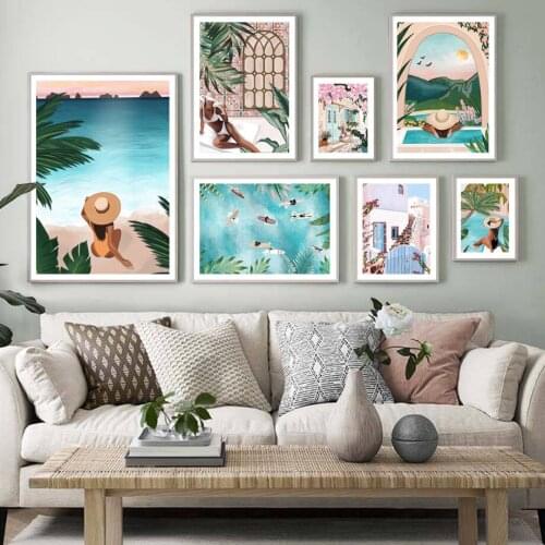 Greece Crete Beach Girl Tropical Jungle Travel Abstract Wall Art Canvas Painting Nordic Poster Decor Pictures For Living Room